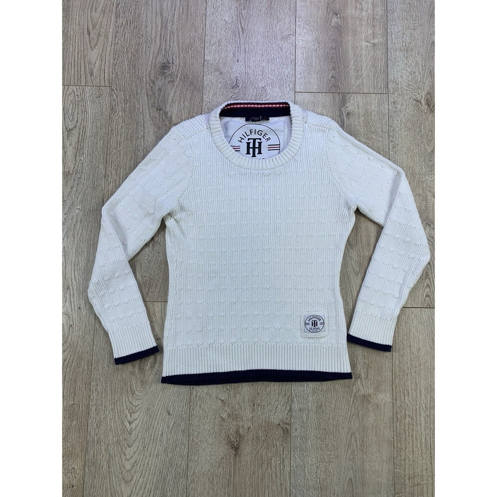 Tommy Hilfiger Sweater Womens Med White Cable Knit Cotton Classic Preppy Tennis - Picture 2 of 16